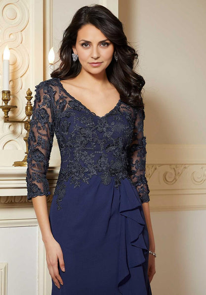 Dress Elegant V Neck 3/4 Sleeve Prom Dress Mermaid Full Length Ruffle Mother Of The Bride With Lace Applique