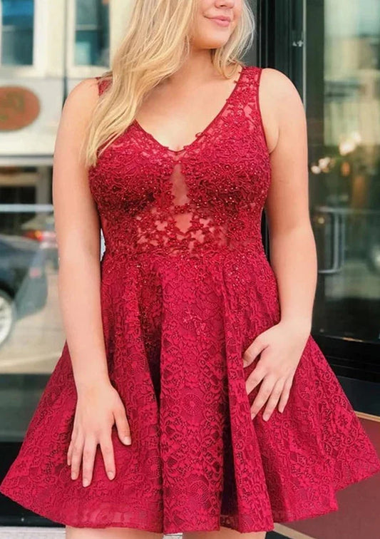 Dress Elegant V Neck Beaded Lace Short Homecoming Dress A-line Zipper Sleeveless Party Dress