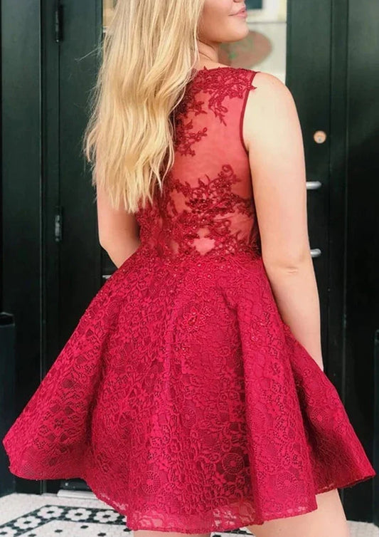 Dress Elegant V Neck Beaded Lace Short Homecoming Dress A-line Zipper Sleeveless Party Dress