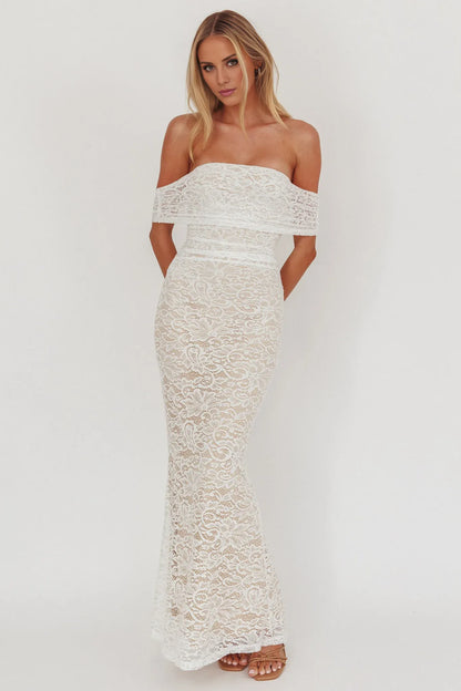 Dress Elegant White Lace Gown Off Shoulder Neck Ruffled Overlay and Mermaid Style Maxi Length Prom Dress