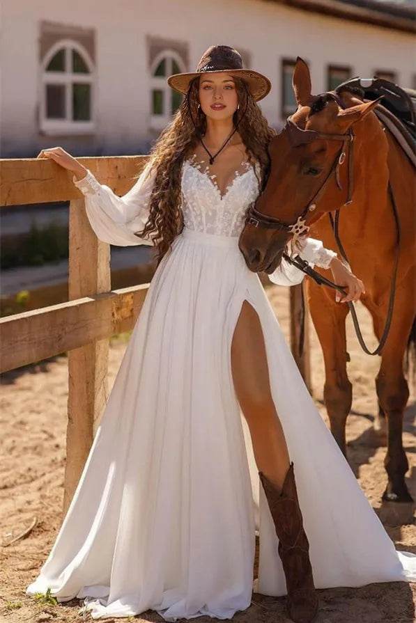 Dress Elegant White Long Sleeves Split A Line Maxi Dress Wedding Dress With Appliques