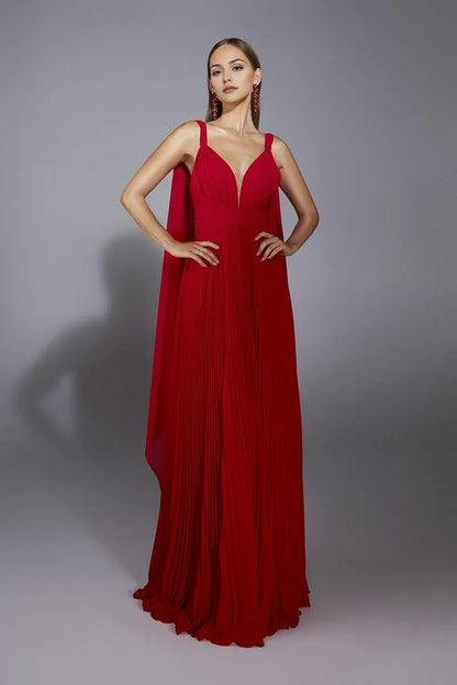 Dress Elegant Wide Straps A-Line Party Dress Evening Dress Sweep/Brush Train Sleeveless Pleats V Back Prom Dress
