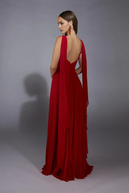 Dress Elegant Wide Straps A-Line Party Dress Evening Dress Sweep/Brush Train Sleeveless Pleats V Back Prom Dress