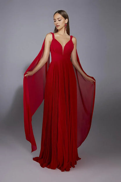 Dress Elegant Wide Straps A-Line Party Dress Evening Dress Sweep/Brush Train Sleeveless Pleats V Back Prom Dress