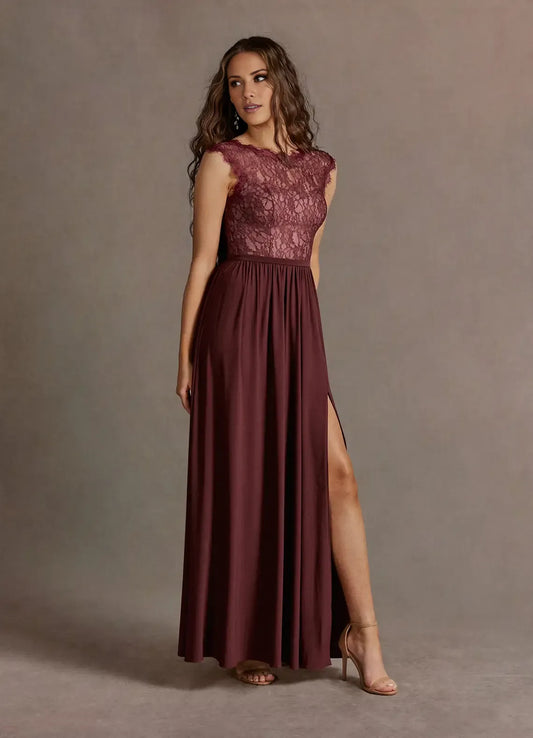 Dress Elegant Black Boat Neck Lace Appliques Maxi Dress Sleeveless Slit A-Line V Back Prom Dress