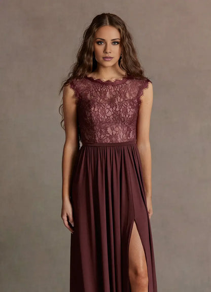 Dress Elegant Black Boat Neck Lace Appliques Maxi Dress Sleeveless Slit A-Line V Back Prom Dress