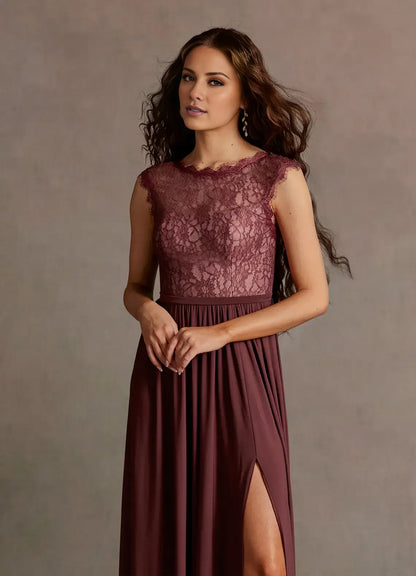 Dress Elegant Black Boat Neck Lace Appliques Maxi Dress Sleeveless Slit A-Line V Back Prom Dress