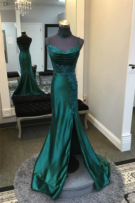 Dress Emerald Green Appliques Cowl Neck Long Dress Prom Dress