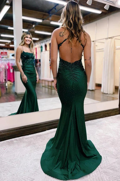 Dress Emerald Green Party Dress Spaghetti Straps Mermaid Sleeveless Prom Dress