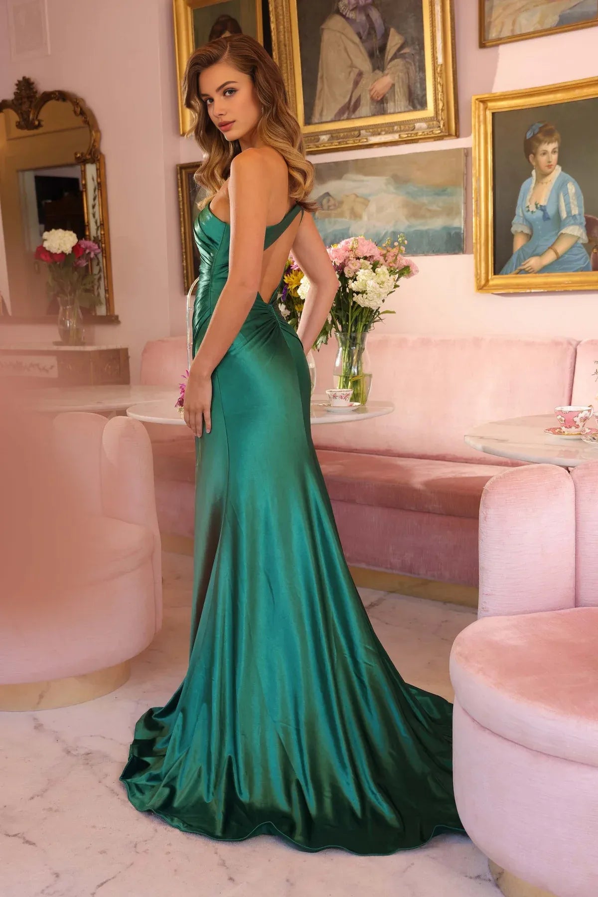 Dress Emerald Green Satin Gown Backless One Shoulder & High Slit For Sophisticated Glamour Prom Dress