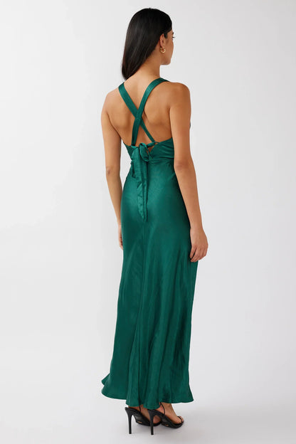 Dress Emerald Green Satin Maxi Dress with Plunging V Neckline and Lace Waist Detail Prom Dress
