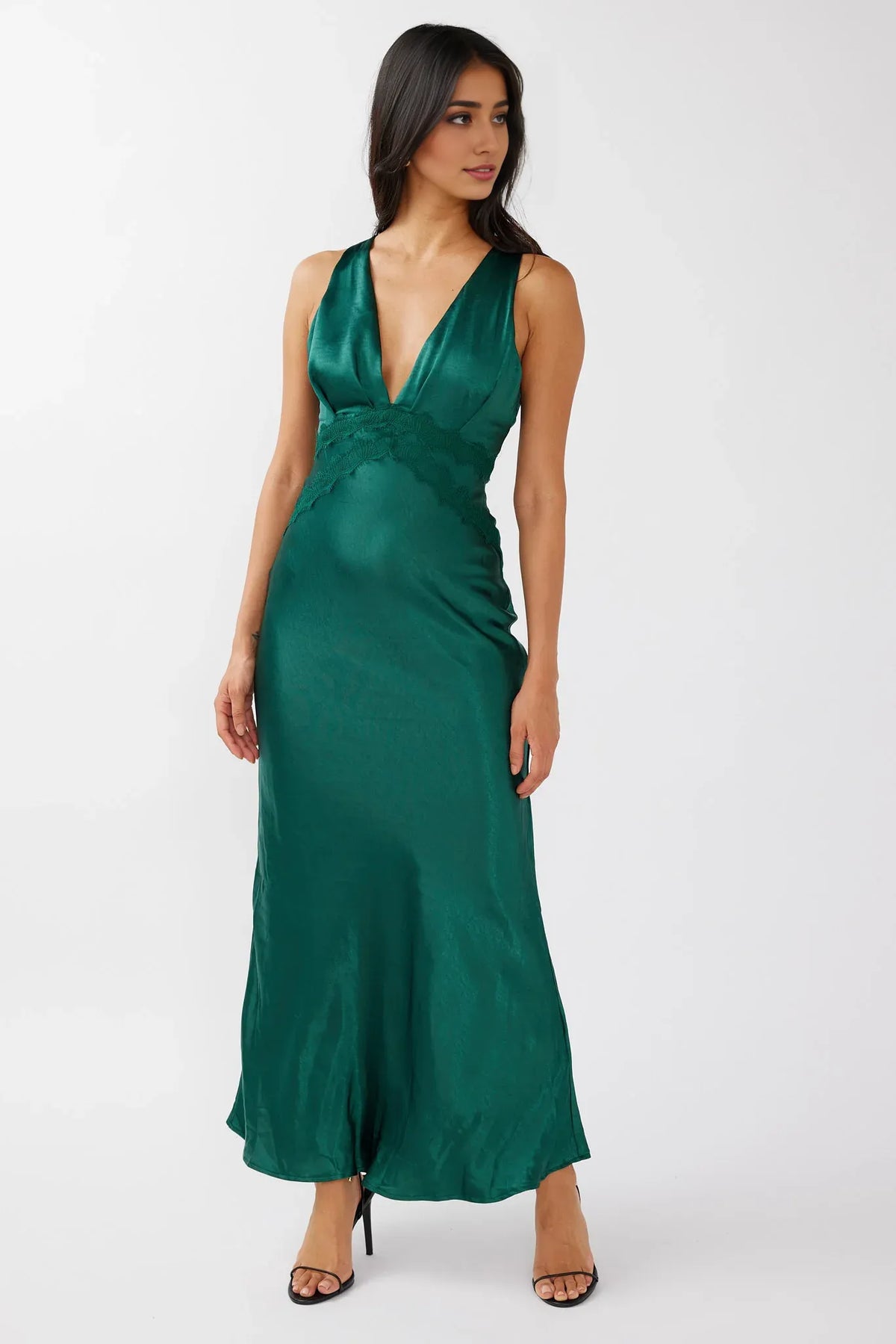 Dress Emerald Green Satin Maxi Dress with Plunging V Neckline and Lace Waist Detail Prom Dress