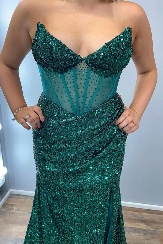 Dress Emerald Green Sequin Mermaid Long Party Dress Prom Dress With Side Slit