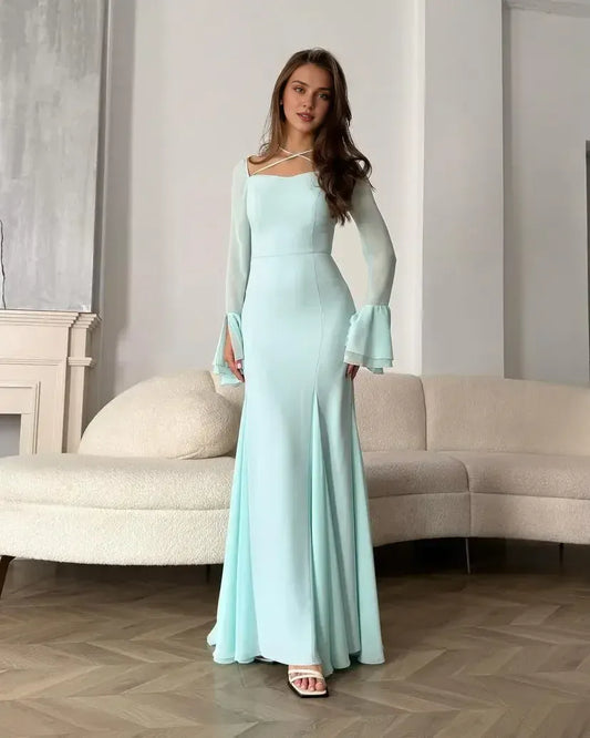 Dress Evening Dresses Mermaid Long Sleeves Prom Gowns Square Pleated Chiffon Floor Length Party Dress