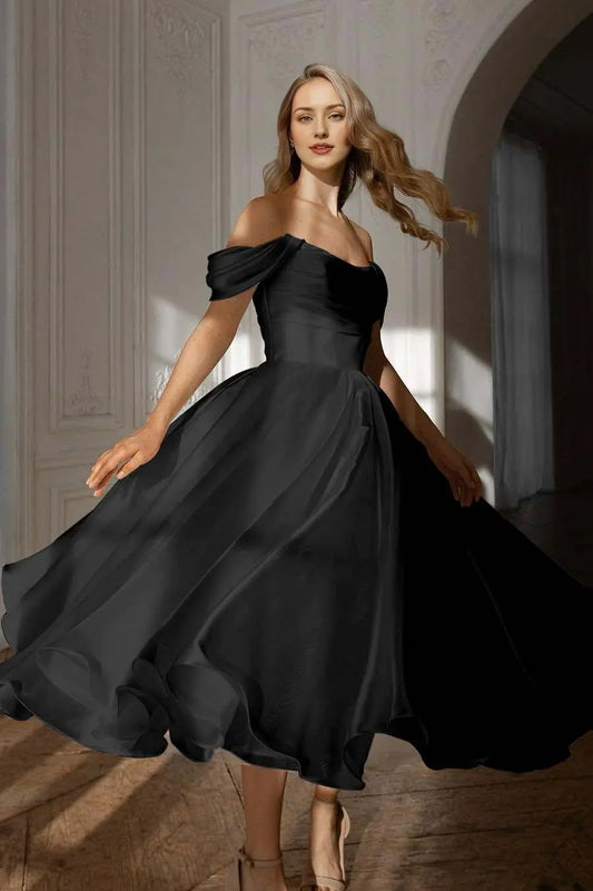 Dress Exquisite White Satin Strapless Off the Shoulder A Line Party Dress with Ruffles Prom Dress