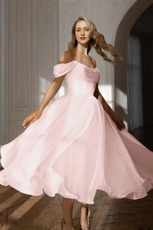 Dress Exquisite White Satin Strapless Off the Shoulder A Line Party Dress with Ruffles Prom Dress