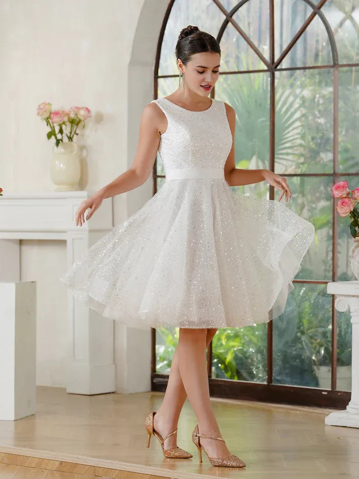 Dress Fabulous A-Line Tulle Scoop Sleeveless Off White Party Dress With Sequined Prom Dress