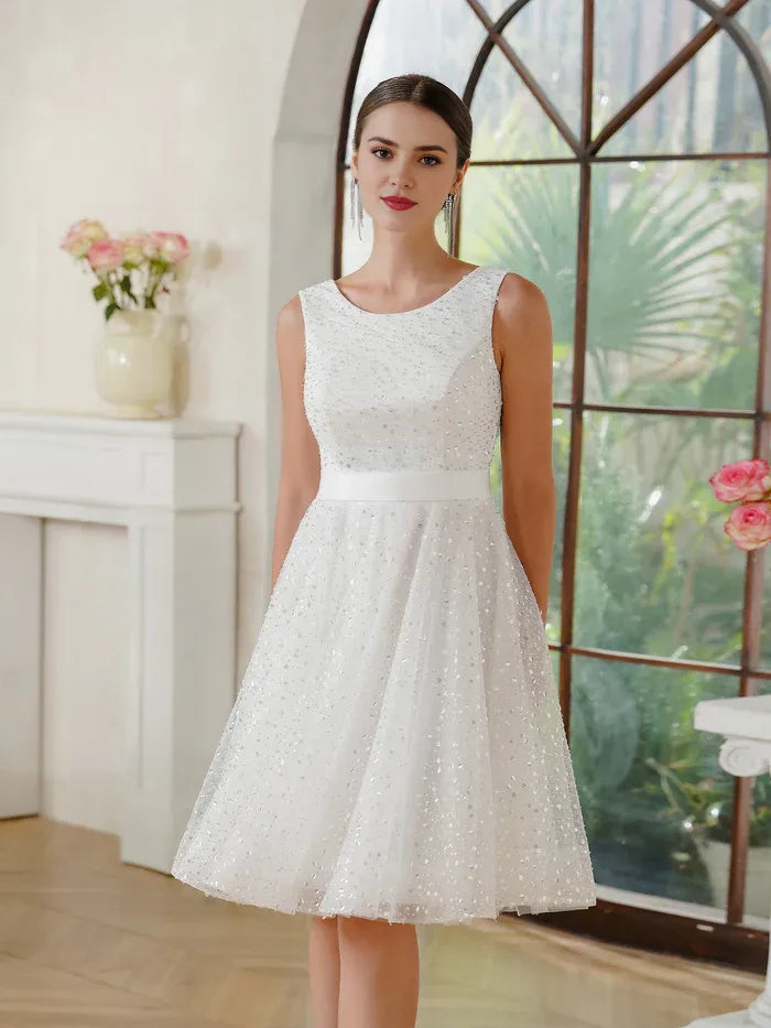 Dress Fabulous A-Line Tulle Scoop Sleeveless Off White Party Dress With Sequined Prom Dress