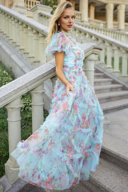 Dress Fairytale Floral Tulle Puff Sleeve Bow Tie Layered Ruffle Prom Dress