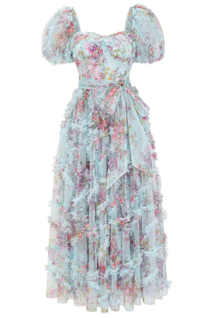Dress Fairytale Floral Tulle Puff Sleeve Bow Tie Layered Ruffle Prom Dress