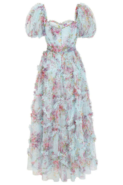 Dress Fairytale Floral Tulle Puff Sleeve Bow Tie Layered Ruffle Prom Dress