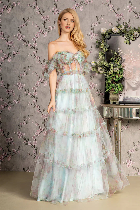 Dress Fashion A-Line Off the Shoulder Tulle Puff Sleeve Formal Dress Full Length Backless Prom Dress