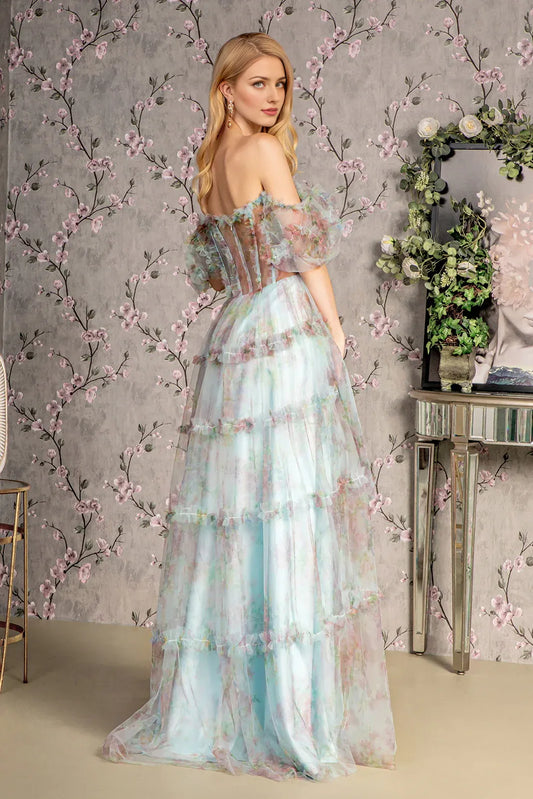 Dress Fashion A-Line Off the Shoulder Tulle Puff Sleeve Formal Dress Full Length Backless Prom Dress