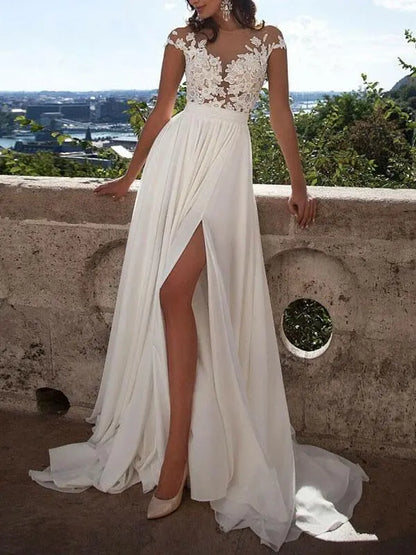 Dress Fashion A-line Lace Appliques Cap Sleeve Beach Wedding Dress Hight Slit Bride Dress