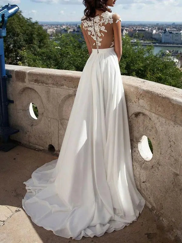 Dress Fashion A-line Lace Appliques Cap Sleeve Beach Wedding Dress Hight Slit Bride Dress