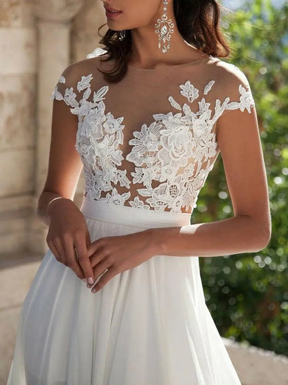 Dress Fashion A-line Lace Appliques Cap Sleeve Beach Wedding Dress Hight Slit Bride Dress