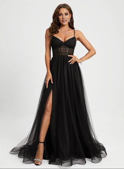 Dress Fashion Ball-Gown/Princess V-Neck Sweep Train Tulle Prom Dresses With Pleated Backless Sleeveless Maxi Dress