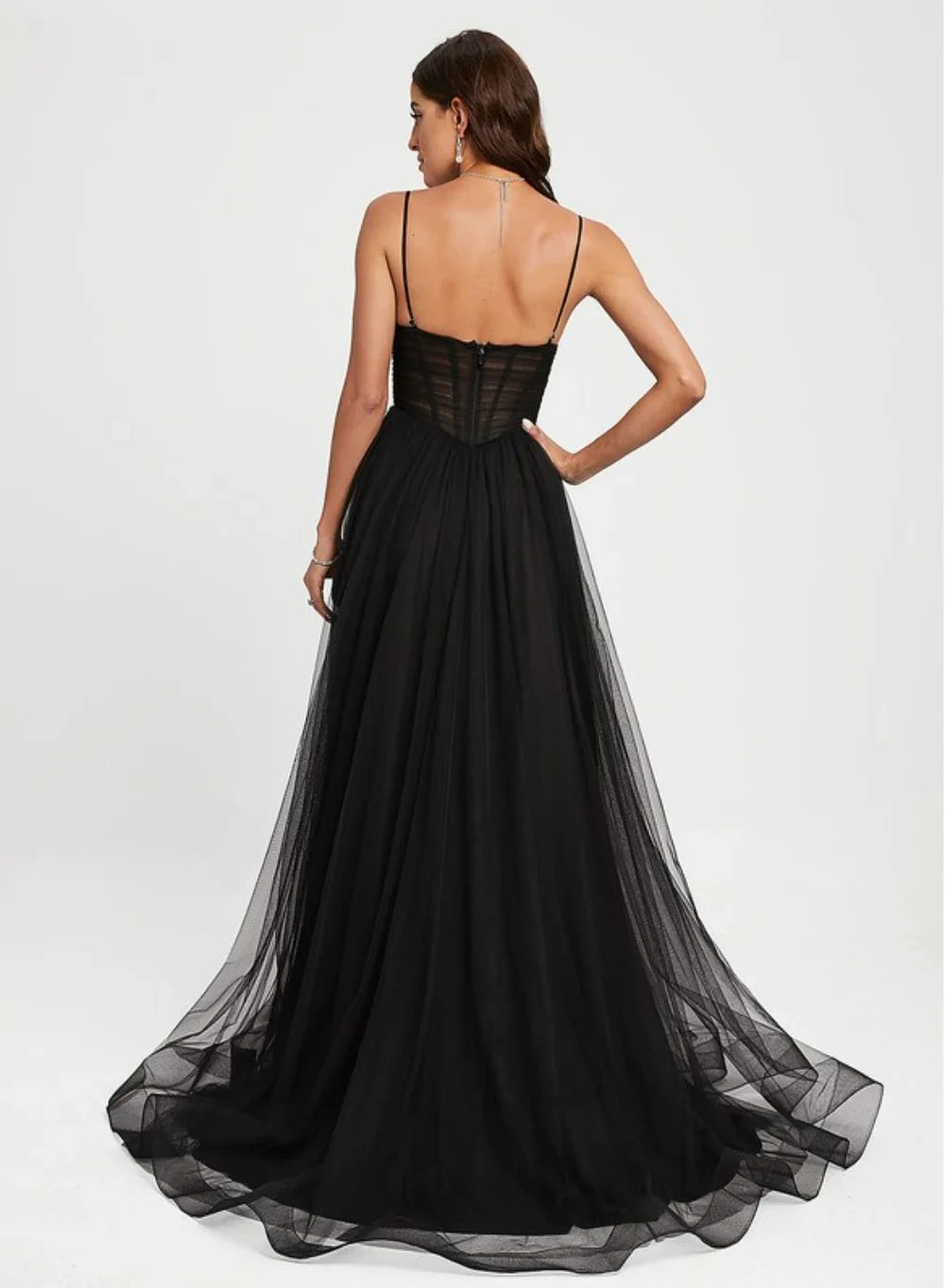 Dress Fashion Ball-Gown/Princess V-Neck Sweep Train Tulle Prom Dresses With Pleated Backless Sleeveless Maxi Dress
