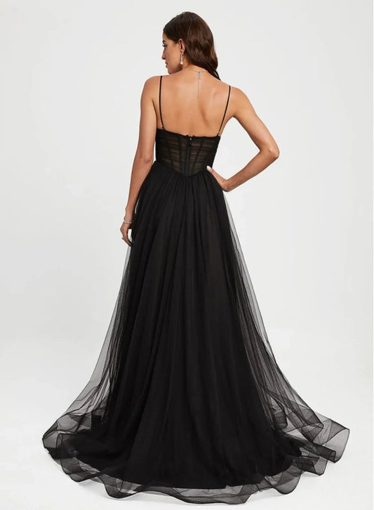 Dress Fashion Ball-Gown/Princess V-Neck Sweep Train Tulle Prom Dresses With Pleated Backless Sleeveless Maxi Dress