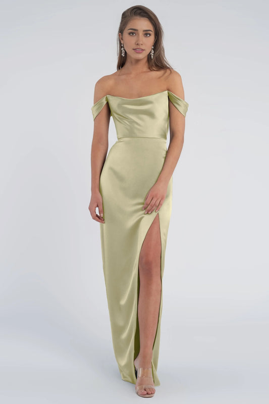 Dress Fashion Cowl Neck Off The Shoulder Sleeve Open Back Satin Evening Dress Bridesmaid Dress Floor-Length Sheath Slit Prom Dress