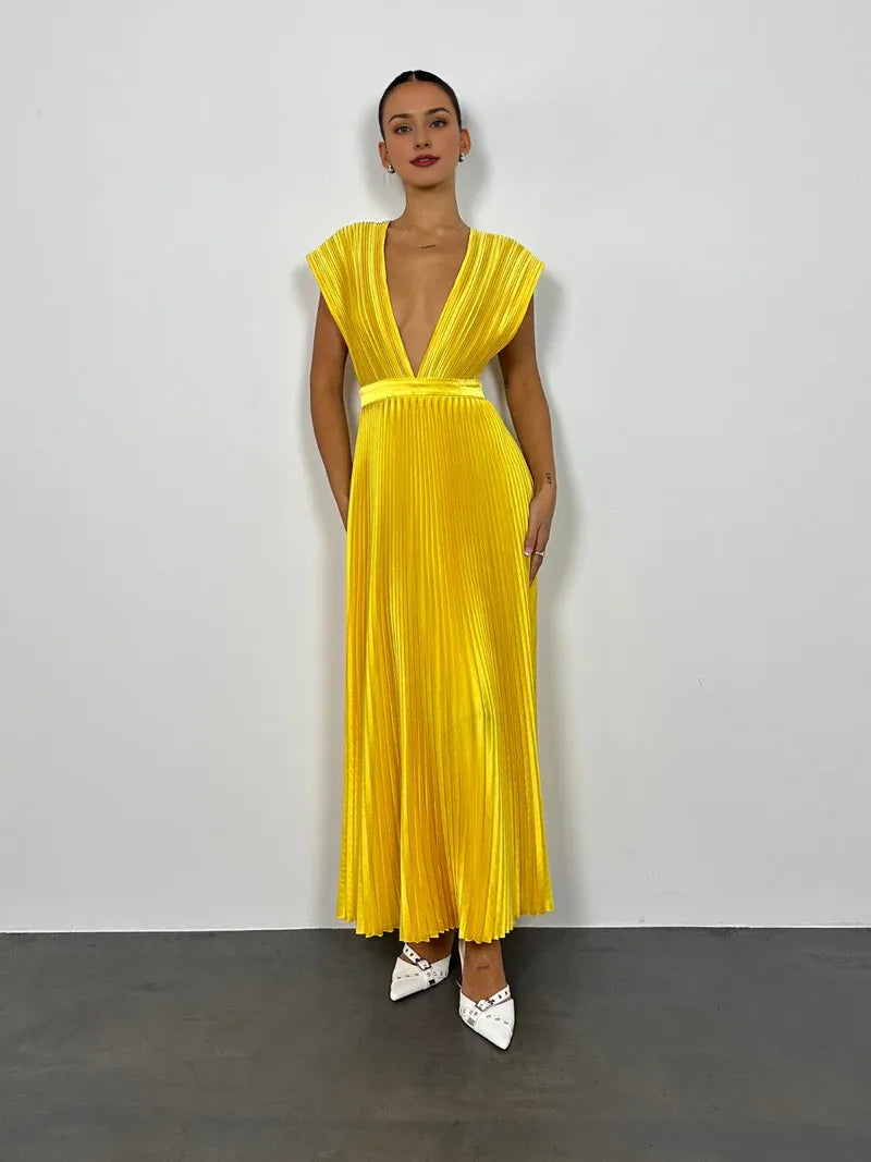 Dress Fashion Deep V Neck Prom Dress A-Line V Back Sleeveless Floor-Length Pleats Maxi Dress