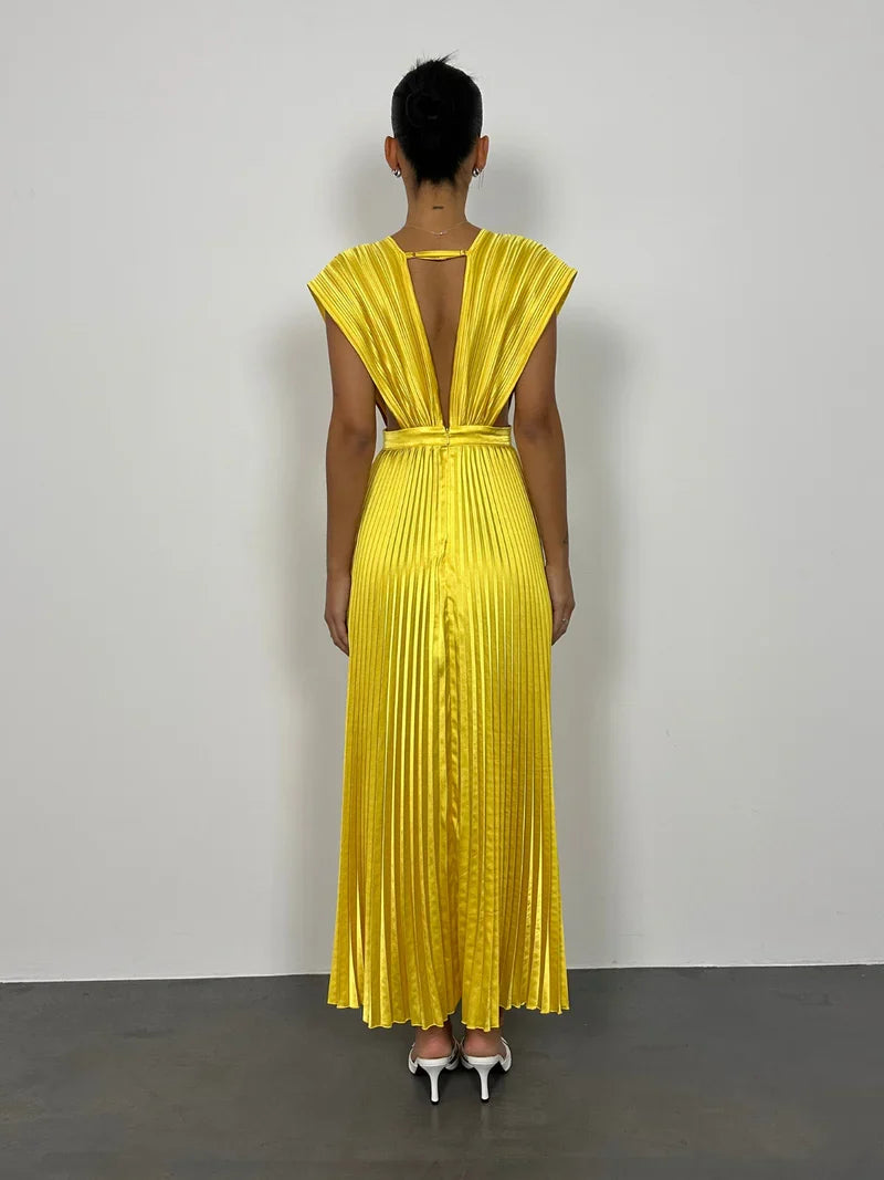 Dress Fashion Deep V Neck Prom Dress A-Line V Back Sleeveless Floor-Length Pleats Maxi Dress