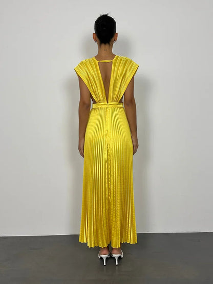 Dress Fashion Deep V Neck Prom Dress A-Line V Back Sleeveless Floor-Length Pleats Maxi Dress