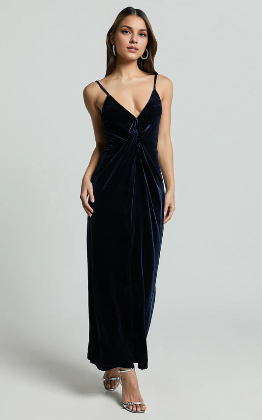 Dress Fashion Front Twist Thigh Split Velvet Midi Dress Navy Spaghetti Straps V Neck Sleeveless Evening Dress