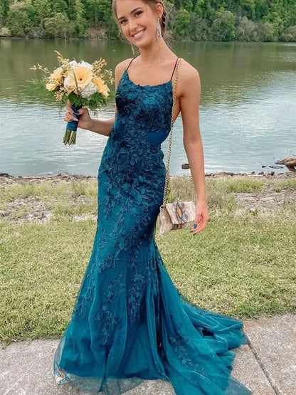 Dress Fashion Long Mermaid Lace Backless Prom Dress Modest Formal Evening Dresses