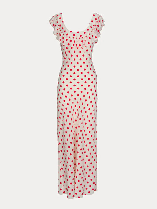 Dress Fashion Off the Shoulder Red Polka Dot Dress Maxi Dress White Sleeveless Sheath Prom Dress
