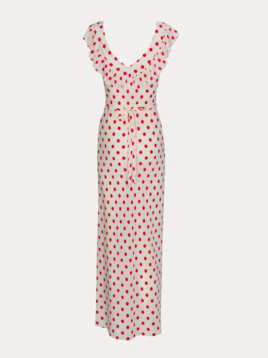 Dress Fashion Off the Shoulder Red Polka Dot Dress Maxi Dress White Sleeveless Sheath Prom Dress