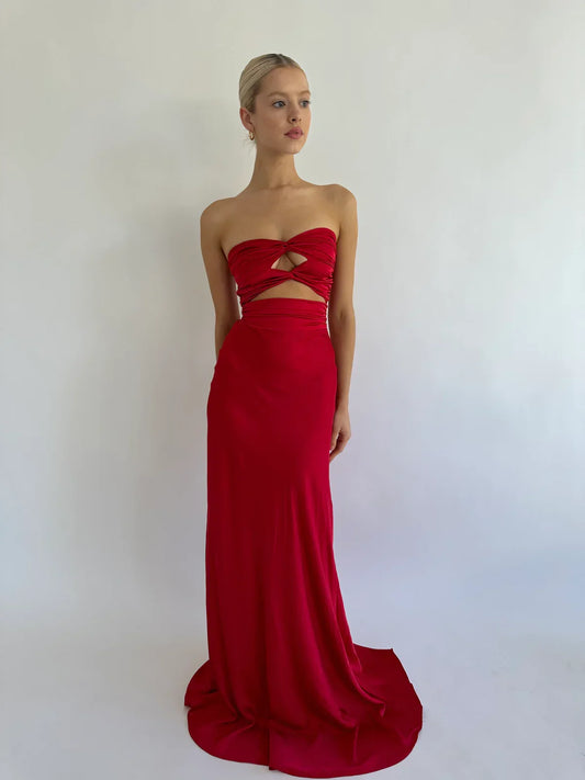 Dress Fashion Off the Shoulder Twist Maxi Dress Wine Red Sleeveless Sweep/Brush Train Prom Dress