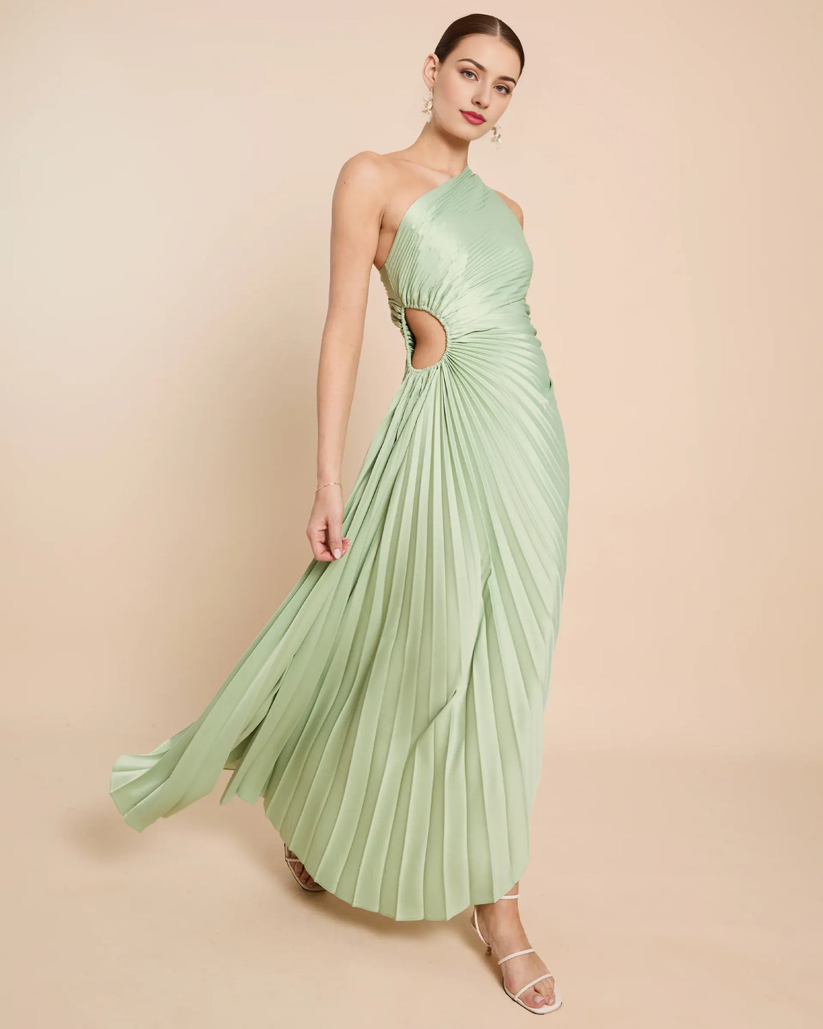 Dress Fashion One Shoulder Evening Dress Sleeveless Cutout Waist Solid Color A-line Prom Dress