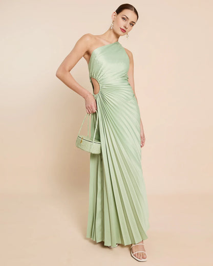 Dress Fashion One Shoulder Evening Dress Sleeveless Cutout Waist Solid Color A-line Prom Dress