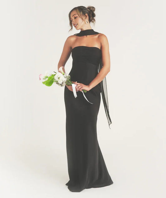 Dress Fashion Pleated Strapless Satin Bridesmaid Dress Maxi Dress Backless Solid Color Sleeveless Prom Dress With Scarf