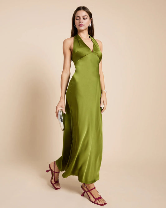 Dress Fashion Sheath Ankle-Length Sleeveless Party Dresses Halter Neck Satin Solid Color Open Back Evening Dress