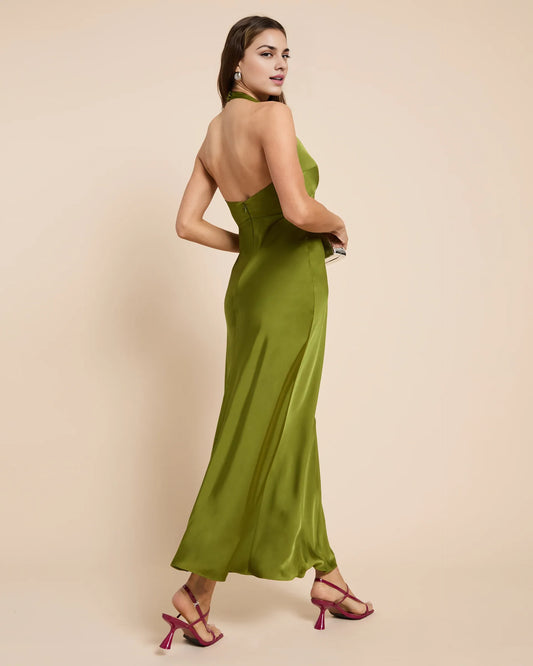 Dress Fashion Sheath Ankle-Length Sleeveless Party Dresses Halter Neck Satin Solid Color Open Back Evening Dress