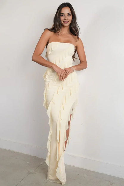 Dress Fashion Sheath Strapless Pink Long Prom Dress with Ruffles