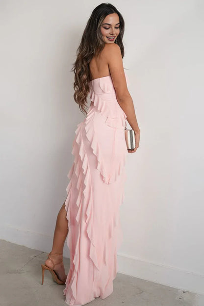 Dress Fashion Sheath Strapless Pink Long Prom Dress with Ruffles