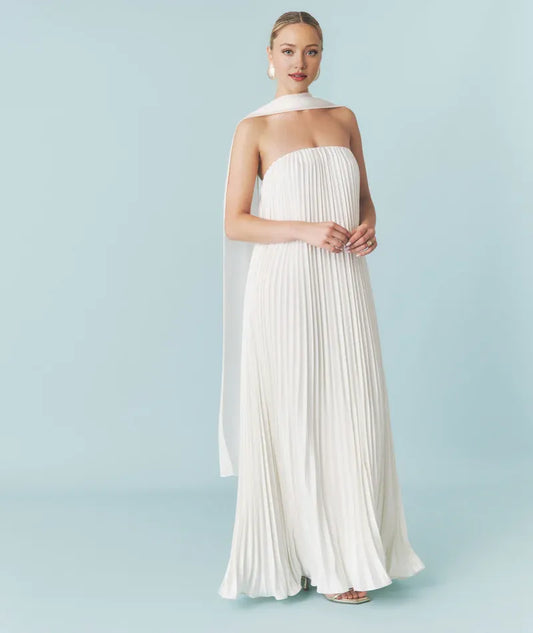 Dress Fashion Strapless Pleated Satin Bandeau Maxi Dress A-Line Solid Color Sleeveless Wedding Dress